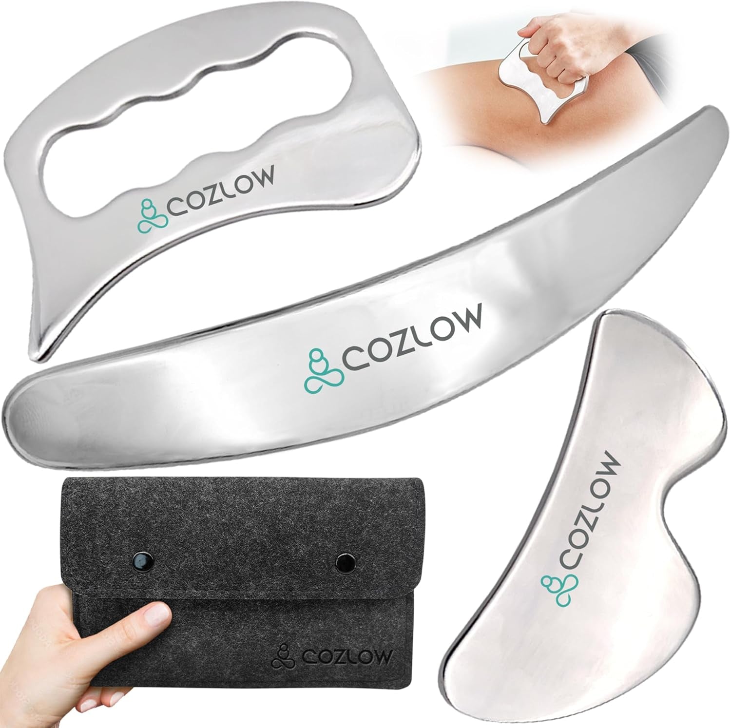 3-In-1 Muscle Scraper Tool Set - Skin Scraping Massage Tools for IASTM Therapy - Deep Tissue Gua Sha for Soft Tissue Mobilization, Fascia & Myofascial Release - Stainless Steel Metal Blades