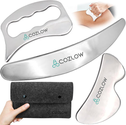 3-In-1 Muscle Scraper Tool Set - Skin Scraping Massage Tools for IASTM Therapy - Deep Tissue Gua Sha for Soft Tissue Mobilization, Fascia & Myofascial Release - Stainless Steel Metal Blades