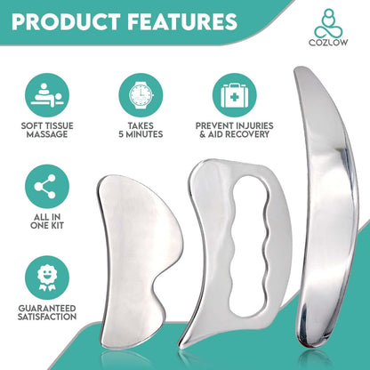 3-In-1 Muscle Scraper Tool Set - Skin Scraping Massage Tools for IASTM Therapy - Deep Tissue Gua Sha for Soft Tissue Mobilization, Fascia & Myofascial Release - Stainless Steel Metal Blades